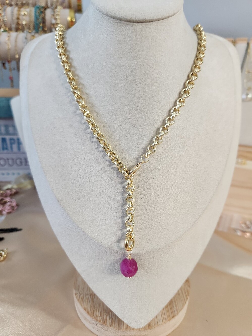 18k Gold Plated Rolo Lariat Necklace With Ruby Charm